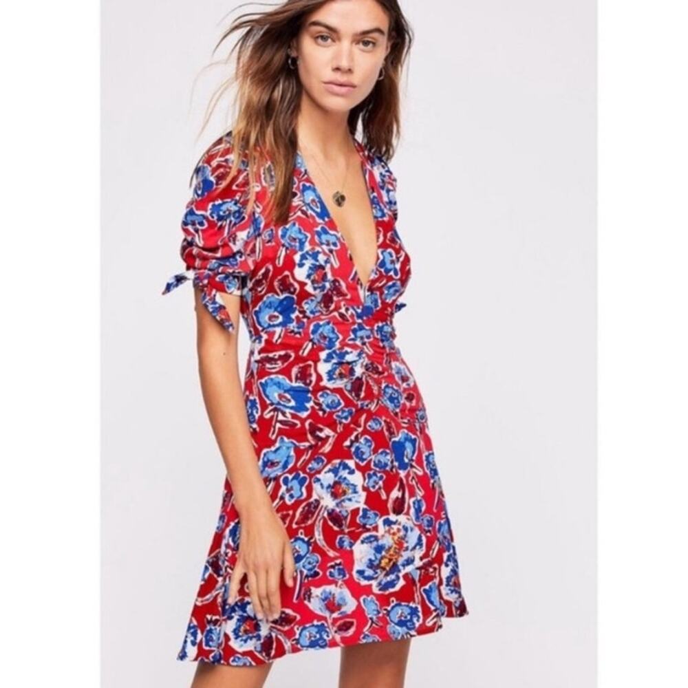 Free People Glow Up Mini Dress Red & Blue Floral Size 6